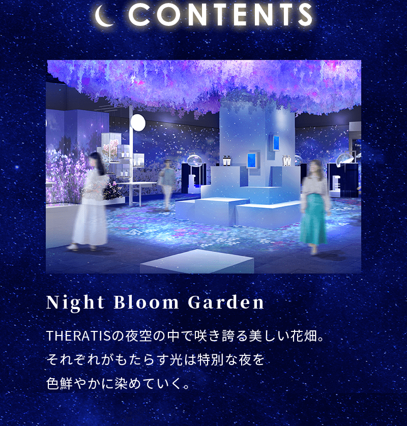 [CONTENTS] THERATISの夜空の中で咲き誇る美しい花畑。 Night Bloom Garden それぞれがもたらす光は特別な夜を色鮮やかに染めていく。